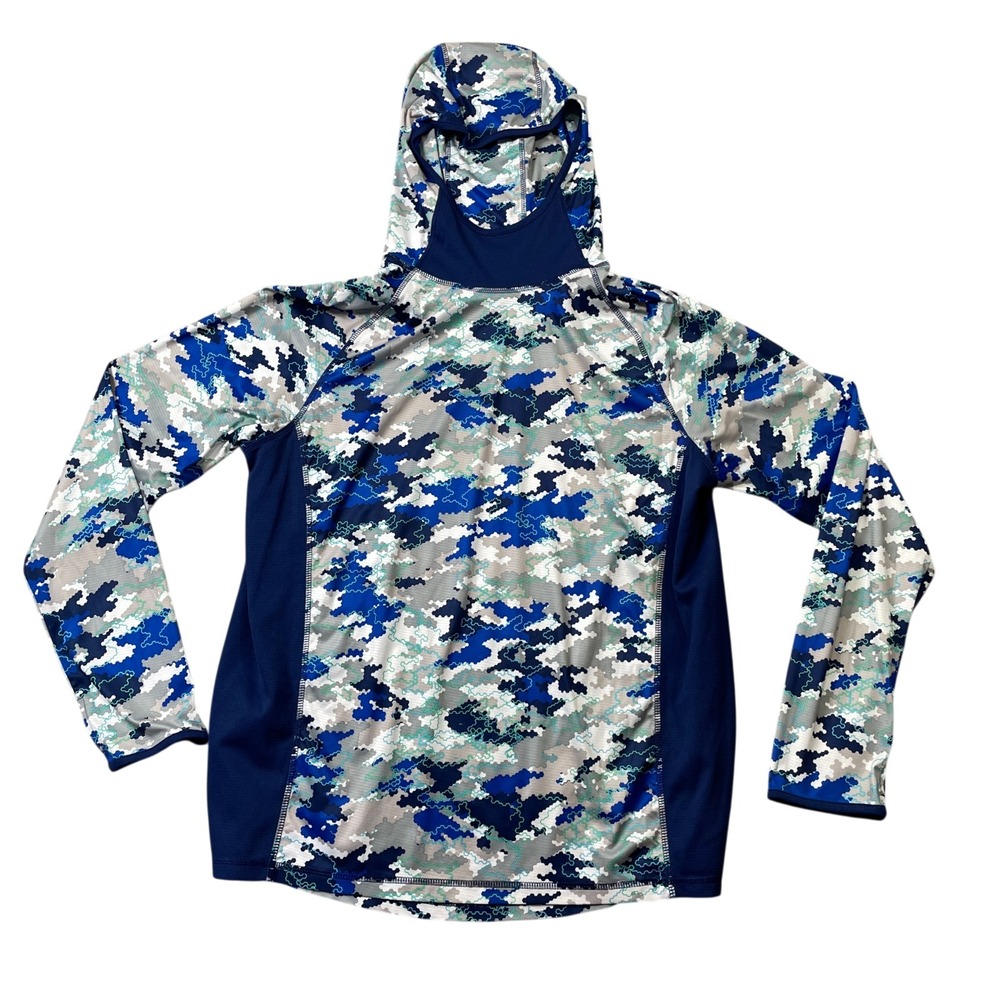 Reel Legends Large Camo Blue Reel Tec Hooded Fishing Long Sleeve 100% Polyester